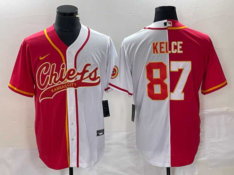 Mens Kansas City Chiefs #87 Travis Kelce Red White Two Tone Cool Base Stitched Baseball Jersey->kansas city chiefs->NFL Jersey
